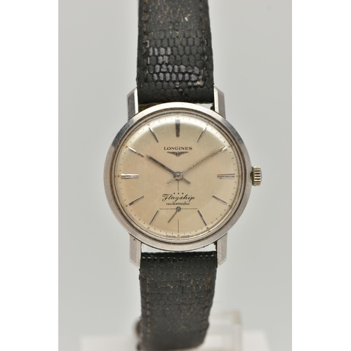 36 - A LONGINES FLAGSHIP AUTOMATIC WRISTWATCH, the circular face in a light gold colour, with baton marke... 