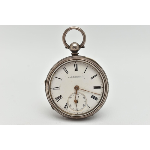 38 - A LATE VICTORIAN SILVER OPEN FACE POCKET WATCH, key wound, round white dial, signed 'J.W.Benson 58 &... 