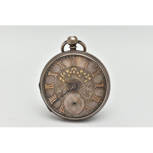 39 - A LATE VICTORIAN SILVER OPEN FACE POCKET WATCH, key wound, round silver dial with gold floral detail... 