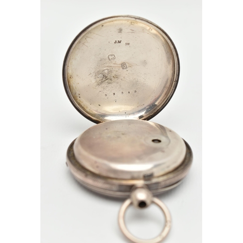 39 - A LATE VICTORIAN SILVER OPEN FACE POCKET WATCH, key wound, round silver dial with gold floral detail... 