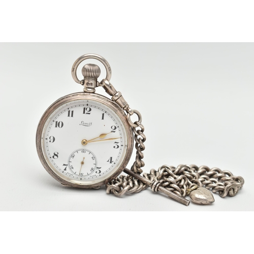 43 - A SILVER OPEN FACE POCKET WATCH AND ALBERT CHAIN, manual wind, round white dial signed 'Limit', Arab... 