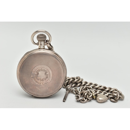 43 - A SILVER OPEN FACE POCKET WATCH AND ALBERT CHAIN, manual wind, round white dial signed 'Limit', Arab... 