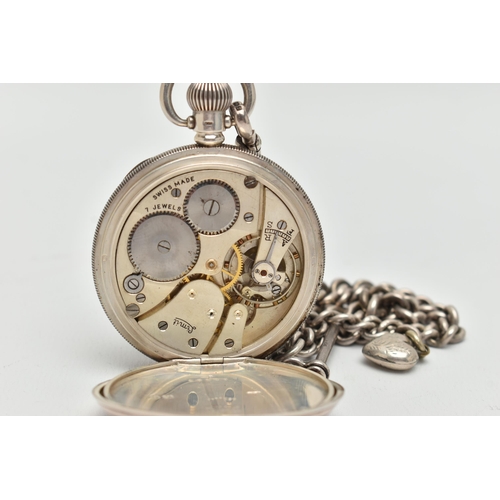 43 - A SILVER OPEN FACE POCKET WATCH AND ALBERT CHAIN, manual wind, round white dial signed 'Limit', Arab... 