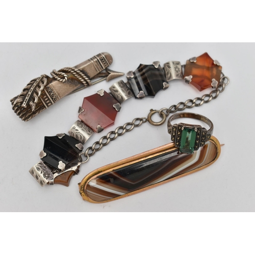 46 - A SCOTTISH AGATE BRACELET AND BROOCHES, the white metal  designed as a series of five carved agate p... 