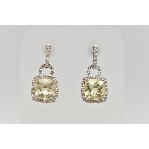 47 - A PAIR OF 9CT WHITE GOLD CITRINE AND DIAMOND DROP EARRINGS, each earring set with a square cut citri... 