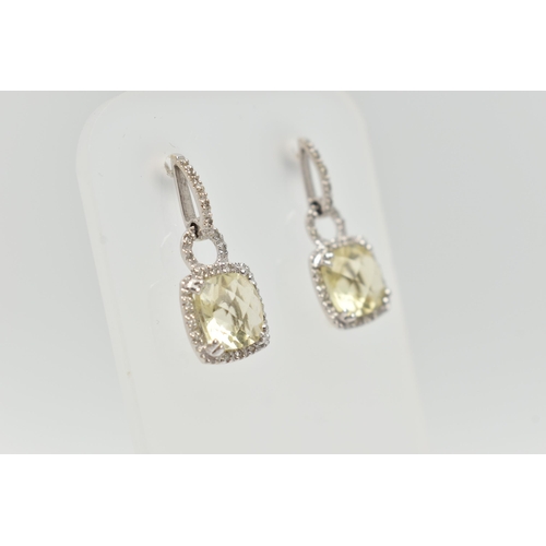 47 - A PAIR OF 9CT WHITE GOLD CITRINE AND DIAMOND DROP EARRINGS, each earring set with a square cut citri... 