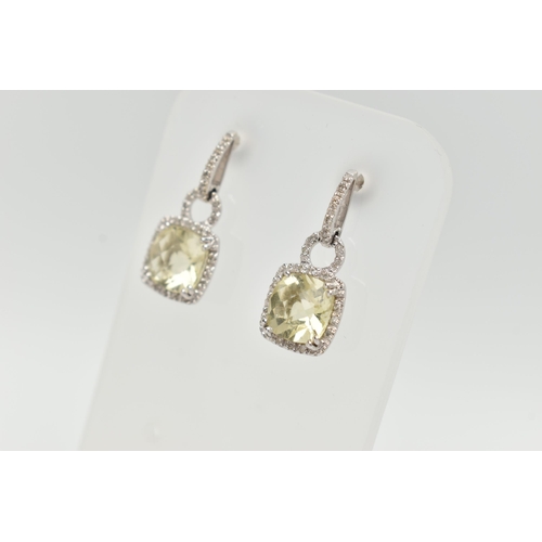 47 - A PAIR OF 9CT WHITE GOLD CITRINE AND DIAMOND DROP EARRINGS, each earring set with a square cut citri... 