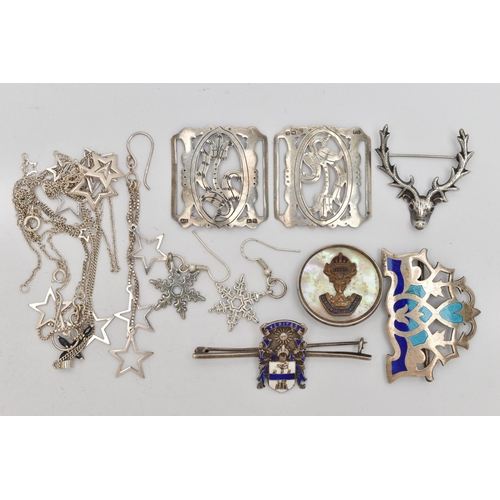 48 - ASSORTED JEWELLERY, to include an open work nurses buckle, markers mark 'AJS', a white metal and ena... 