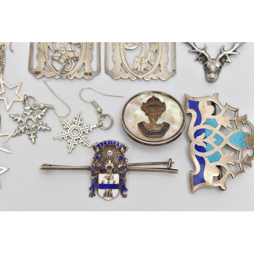 48 - ASSORTED JEWELLERY, to include an open work nurses buckle, markers mark 'AJS', a white metal and ena... 