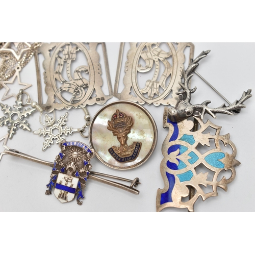 48 - ASSORTED JEWELLERY, to include an open work nurses buckle, markers mark 'AJS', a white metal and ena... 