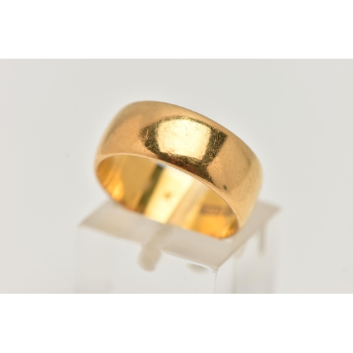 5 - A 22CT GOLD BAND RING, wide polished band, approximate band width 7.5mm, rubbed 22ct Birmingham hall... 