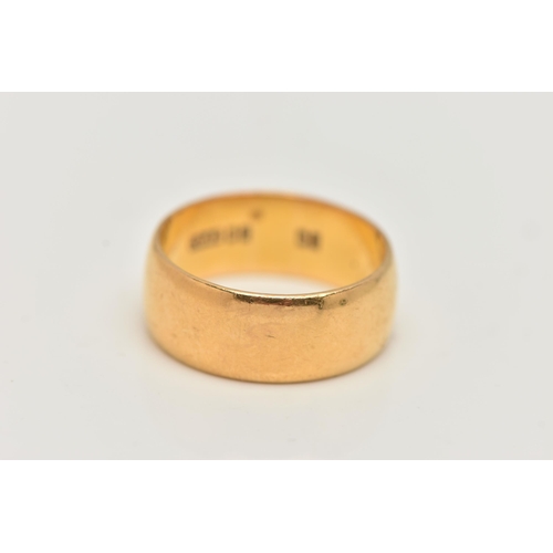 5 - A 22CT GOLD BAND RING, wide polished band, approximate band width 7.5mm, rubbed 22ct Birmingham hall... 