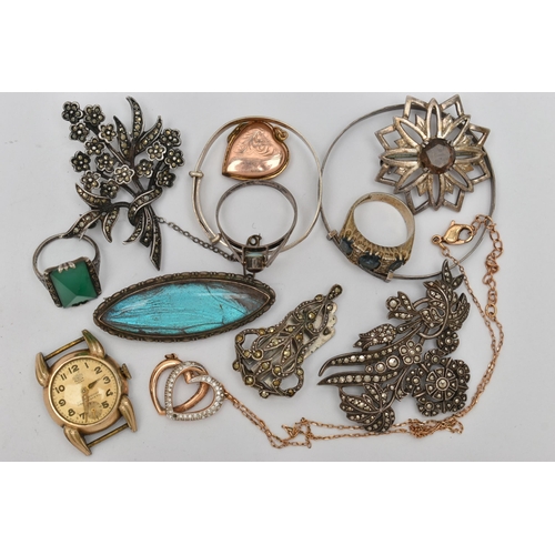 50 - A BAG OF ASSORTED JEWELLERY, to include a silver open work brooch, set with a central smoky quartz, ... 