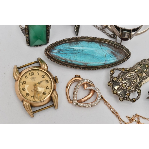 50 - A BAG OF ASSORTED JEWELLERY, to include a silver open work brooch, set with a central smoky quartz, ... 