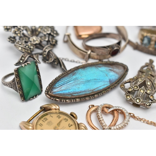 50 - A BAG OF ASSORTED JEWELLERY, to include a silver open work brooch, set with a central smoky quartz, ... 