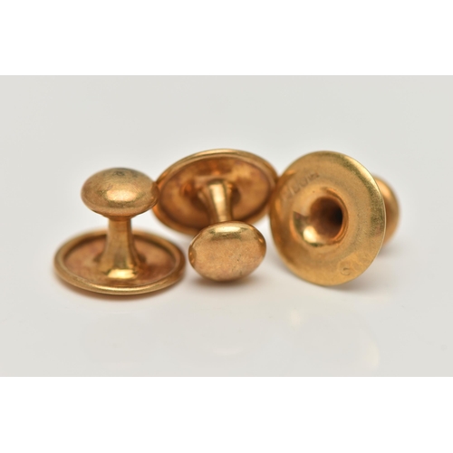 58 - THREE 18CT GOLD SHIRT STUDS, three plain polished yellow gold shirt studs, hallmarked London 1919, a... 