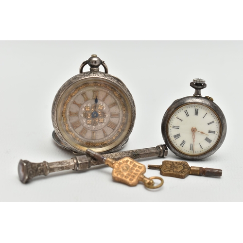 70 - TWO POCKET WATCHES WITH KEYS AND A PROPELLING PENCIL CASE, to include a ladys white metal, open face... 