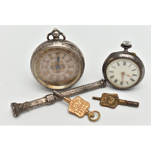 70 - TWO POCKET WATCHES WITH KEYS AND A PROPELLING PENCIL CASE, to include a ladys white metal, open face... 