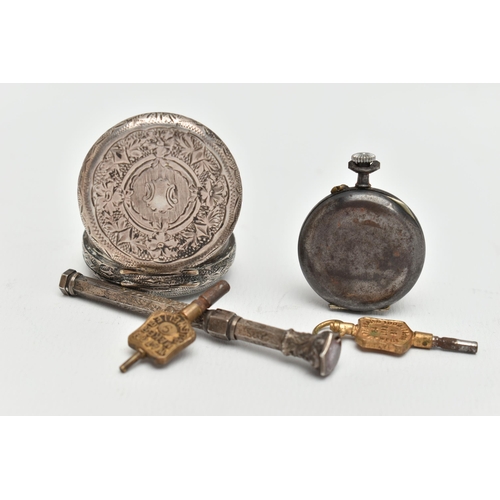 70 - TWO POCKET WATCHES WITH KEYS AND A PROPELLING PENCIL CASE, to include a ladys white metal, open face... 