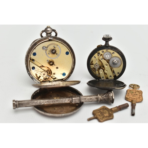 70 - TWO POCKET WATCHES WITH KEYS AND A PROPELLING PENCIL CASE, to include a ladys white metal, open face... 