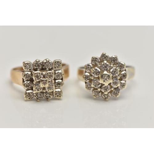 79 - TWO 9CT GOLD DIAMOND CLUSTER RINGS, both of three tier design, the first of circular outline in whit... 