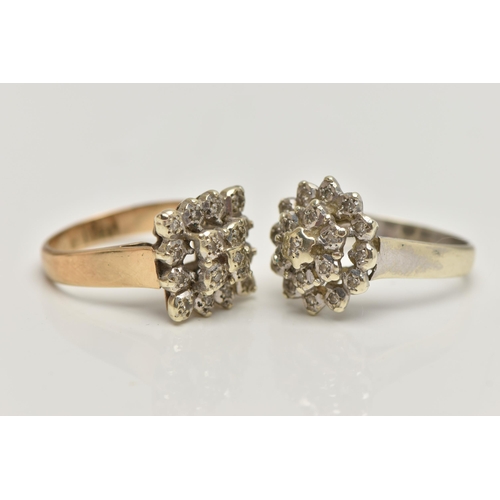 79 - TWO 9CT GOLD DIAMOND CLUSTER RINGS, both of three tier design, the first of circular outline in whit... 