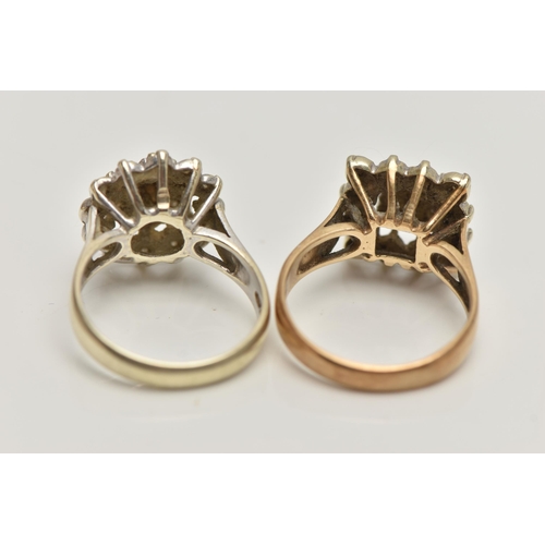 79 - TWO 9CT GOLD DIAMOND CLUSTER RINGS, both of three tier design, the first of circular outline in whit... 