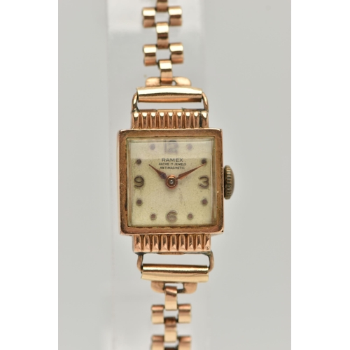 8 - A LADYS 9CT GOLD 'RAMEX' WRISTWATCH, manual wind, square silver dial signed 'Ramex Ancre 17 Jewels, ... 