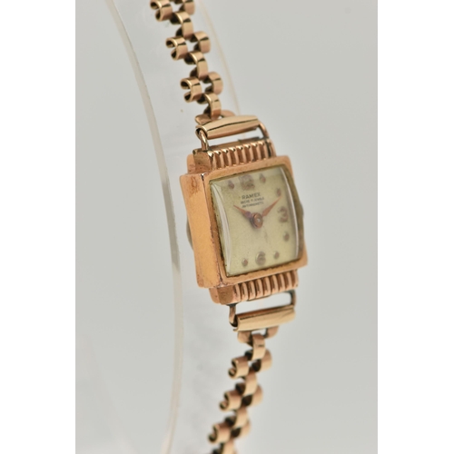 8 - A LADYS 9CT GOLD 'RAMEX' WRISTWATCH, manual wind, square silver dial signed 'Ramex Ancre 17 Jewels, ... 