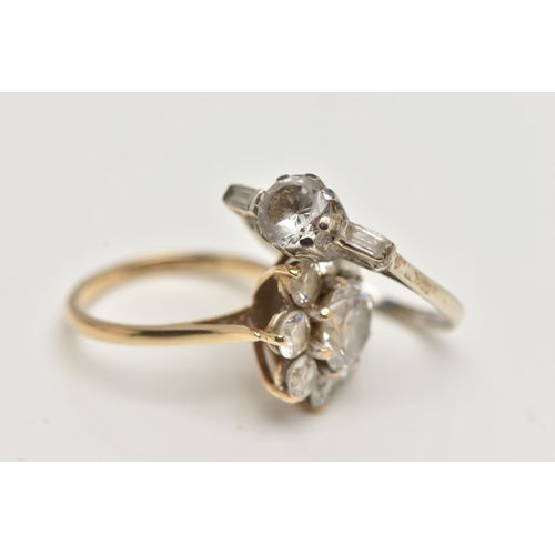 80 - TWO 9CT GOLD CUBIC ZIRCONIA SET RINGS, the first a circular cluster design, the second a three stone... 