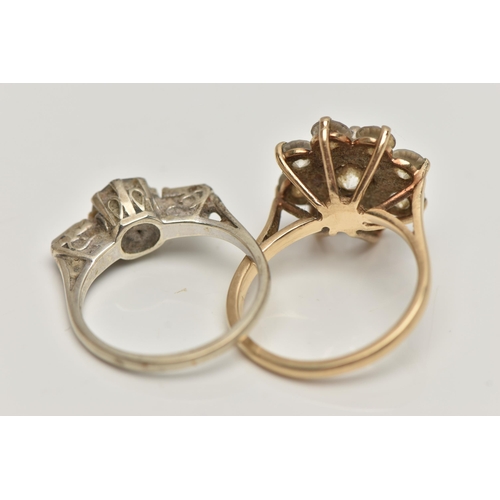 80 - TWO 9CT GOLD CUBIC ZIRCONIA SET RINGS, the first a circular cluster design, the second a three stone... 