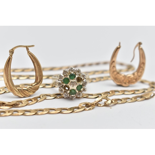 81 - FOUR ITEMS OF JEWELLERY, to include a 9ct white gold emerald and diamond cluster ring, with 9ct hall... 