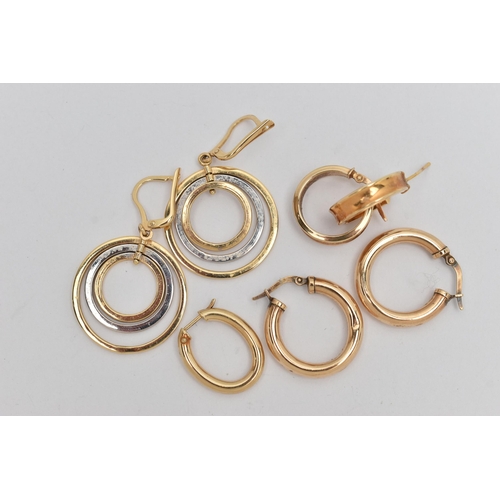 85 - A SELECTION OF YELLOW METAL EARRINGS, to include a pair of 9ct gold hollow hoop earrings, approximat... 