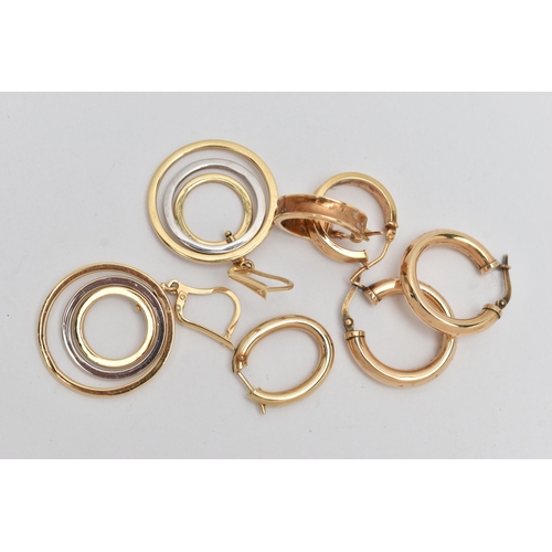 85 - A SELECTION OF YELLOW METAL EARRINGS, to include a pair of 9ct gold hollow hoop earrings, approximat... 