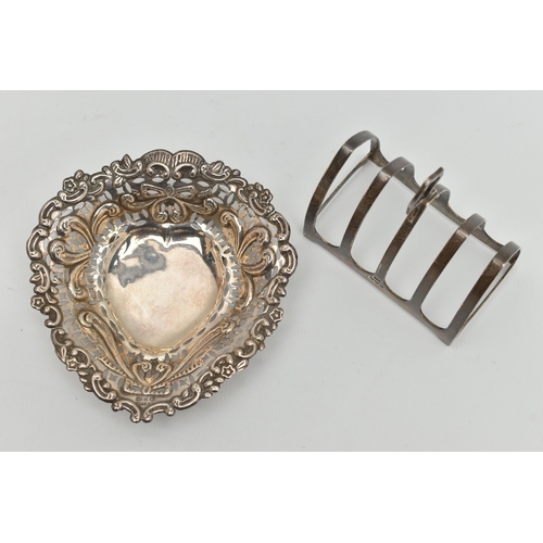 102 - A LATE VICTORIAN SILVER DISH AND A TOAST RACK, the heart shape bonbon dish with scrolling decoration... 