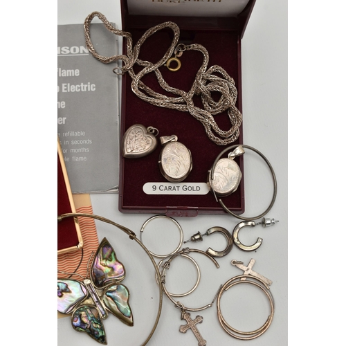 105 - AN ASSORTMENT OF JEWELLERY, a pair of crystal drop earrings fitted with yellow metal fish hook fitti... 