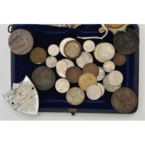 107 - A SMALL ASSORTMENT OF MEDALS AND COINS, to include three silver and yellow metal medals, each hallma... 