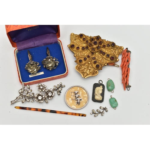 108 - A SMALL ASSORTMENT OF JEWELLERY, to include an early 20th century coral clip, a mid century white me... 