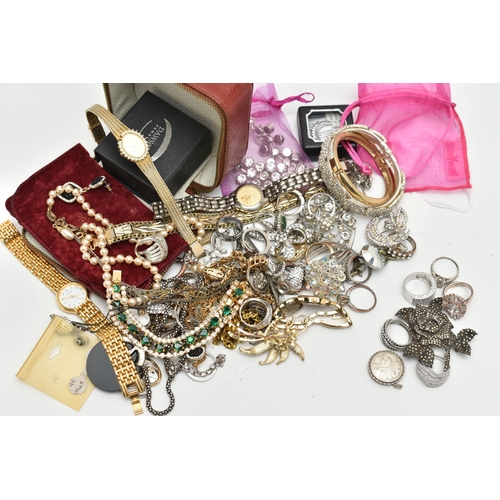 109 - A SELECTION OF SILVER AND WHITE METAL JEWELLERY AND COSTUME JEWELLERY, to include a marcasite rose b... 