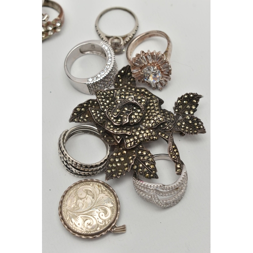 109 - A SELECTION OF SILVER AND WHITE METAL JEWELLERY AND COSTUME JEWELLERY, to include a marcasite rose b... 