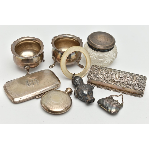 111 - AN ASSORTMENT OF SILVER AND WHITE METAL ITEMS, to include a foliage embossed rectangular form box, h... 