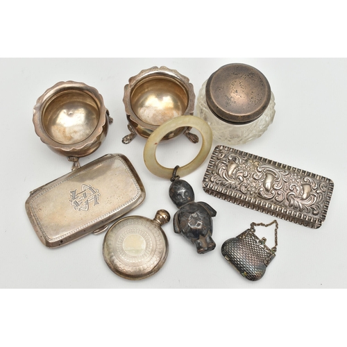 111 - AN ASSORTMENT OF SILVER AND WHITE METAL ITEMS, to include a foliage embossed rectangular form box, h... 