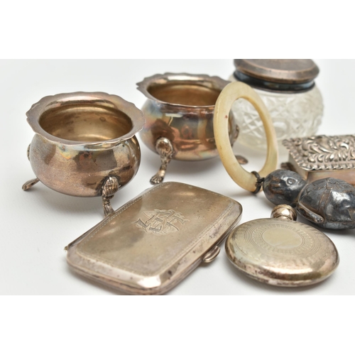 111 - AN ASSORTMENT OF SILVER AND WHITE METAL ITEMS, to include a foliage embossed rectangular form box, h... 