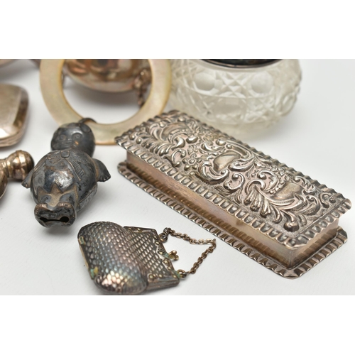 111 - AN ASSORTMENT OF SILVER AND WHITE METAL ITEMS, to include a foliage embossed rectangular form box, h... 