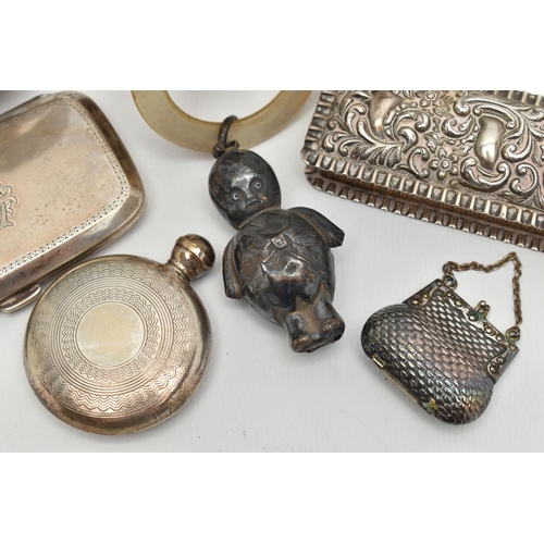 111 - AN ASSORTMENT OF SILVER AND WHITE METAL ITEMS, to include a foliage embossed rectangular form box, h... 