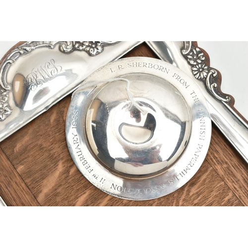 112 - A SILVER PHOTO FRAME AND PIN DISH, an AF silver fronted photo frame with monogram engraving, hallmar... 