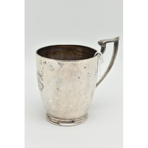 114 - AN EDWARD VII SILVER MUG, cylindrical mug with reed base and square section scroll handle, monogram ... 