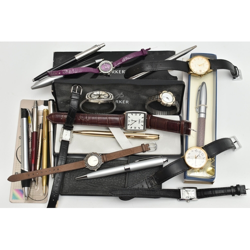 116 - AN ASSORTMENT OF PENS AND WATCHES, to include a selection of ball point pens, names to include Parke... 