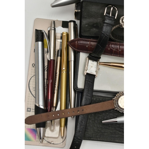 116 - AN ASSORTMENT OF PENS AND WATCHES, to include a selection of ball point pens, names to include Parke... 