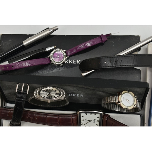 116 - AN ASSORTMENT OF PENS AND WATCHES, to include a selection of ball point pens, names to include Parke... 